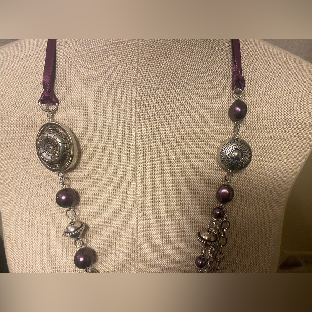 Paparazzi Elegant Purple and Silver Ribbon Necklace with Beaded Earrings!! - Picture 3 of 4